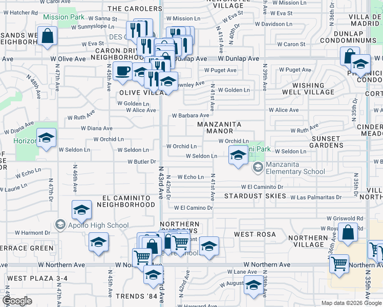 map of restaurants, bars, coffee shops, grocery stores, and more near 4142 W Seldon Ln in Phoenix