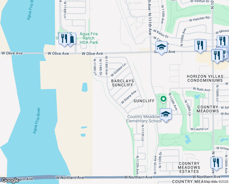 map of restaurants, bars, coffee shops, grocery stores, and more near 11342 West Barbara Avenue in Peoria