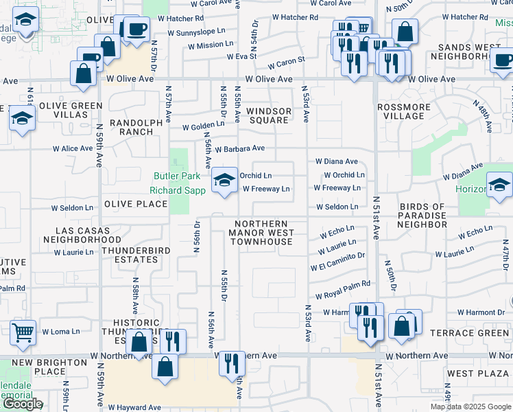 map of restaurants, bars, coffee shops, grocery stores, and more near 5415 West Seldon Lane in Glendale