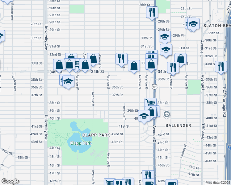 map of restaurants, bars, coffee shops, grocery stores, and more near 2010 37th Street in Lubbock