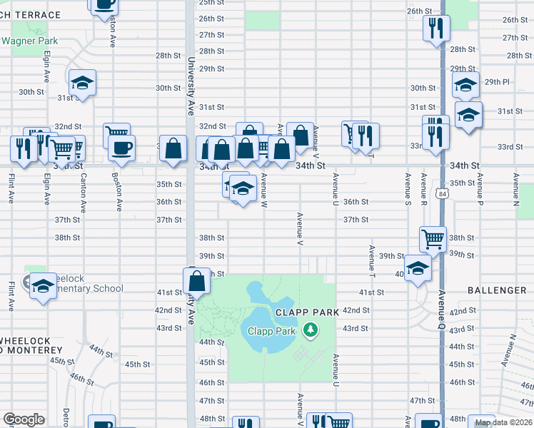 map of restaurants, bars, coffee shops, grocery stores, and more near 2220 37th Street in Lubbock