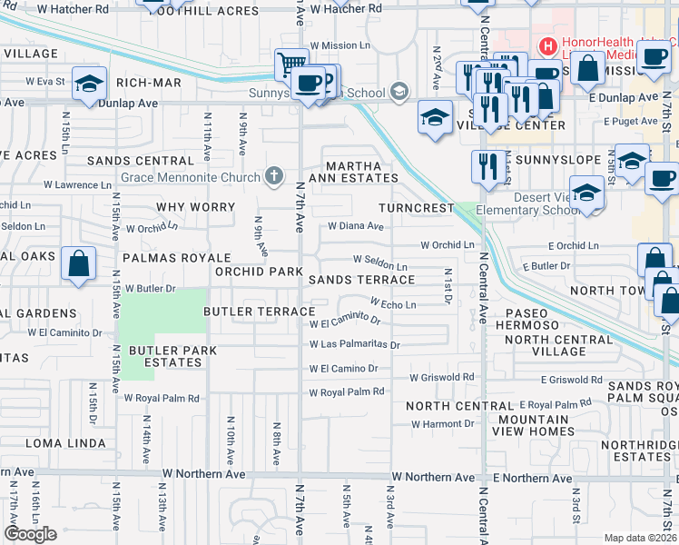 map of restaurants, bars, coffee shops, grocery stores, and more near 342 West Butler Drive in Phoenix