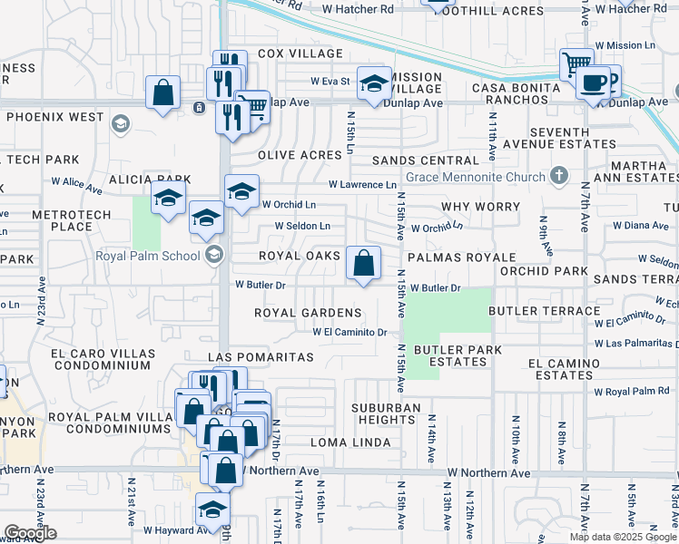 map of restaurants, bars, coffee shops, grocery stores, and more near 8515 North 16th Avenue in Phoenix