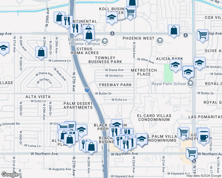 map of restaurants, bars, coffee shops, grocery stores, and more near 2431 West Seldon Lane in Phoenix