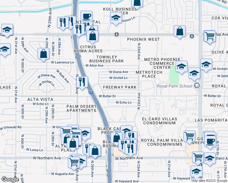 map of restaurants, bars, coffee shops, grocery stores, and more near 2431 West Seldon Lane in Phoenix