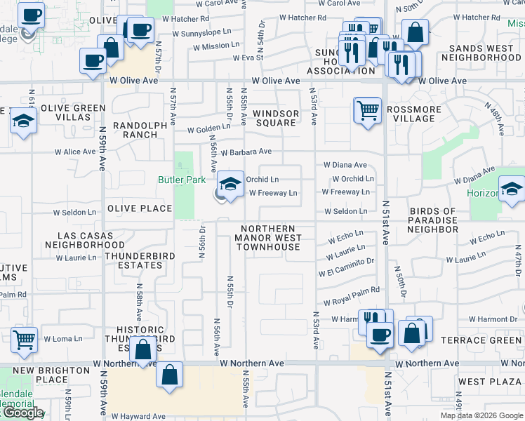 map of restaurants, bars, coffee shops, grocery stores, and more near 5415 West Seldon Lane in Glendale