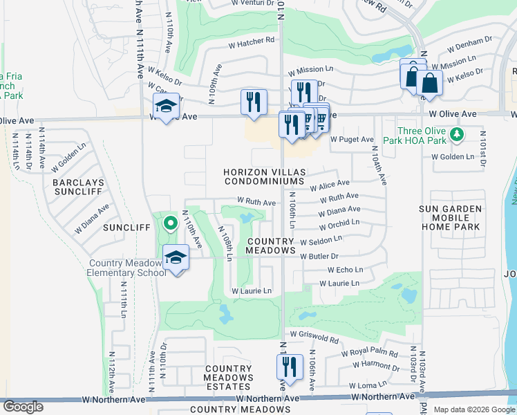 map of restaurants, bars, coffee shops, grocery stores, and more near 10745 West Ruth Avenue in Peoria