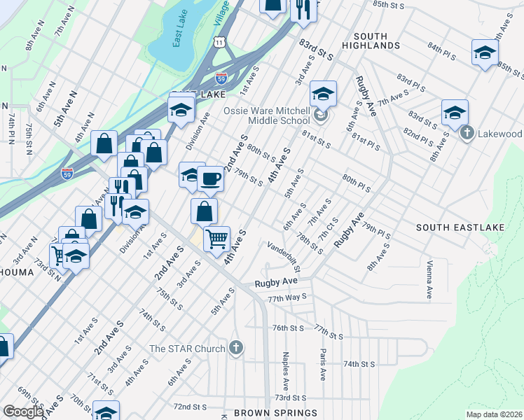 map of restaurants, bars, coffee shops, grocery stores, and more near 7817 4th Avenue South in Birmingham
