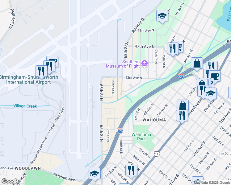 map of restaurants, bars, coffee shops, grocery stores, and more near 4113 66th Street North in Birmingham