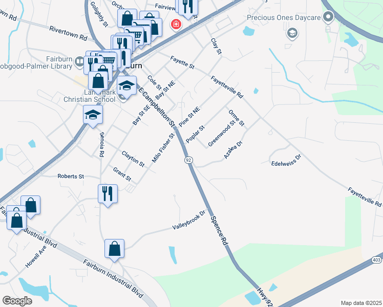 map of restaurants, bars, coffee shops, grocery stores, and more near 300 East Campbellton Street in Fairburn