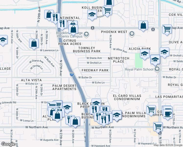 map of restaurants, bars, coffee shops, grocery stores, and more near 2431 West Seldon Lane in Phoenix