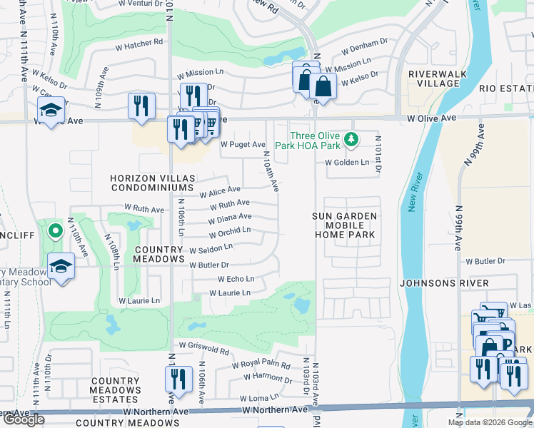 map of restaurants, bars, coffee shops, grocery stores, and more near 10416 West Diana Avenue in Peoria