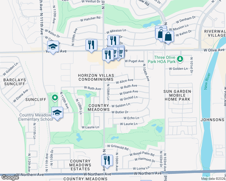 map of restaurants, bars, coffee shops, grocery stores, and more near 10621 W Ruth Ave in Peoria