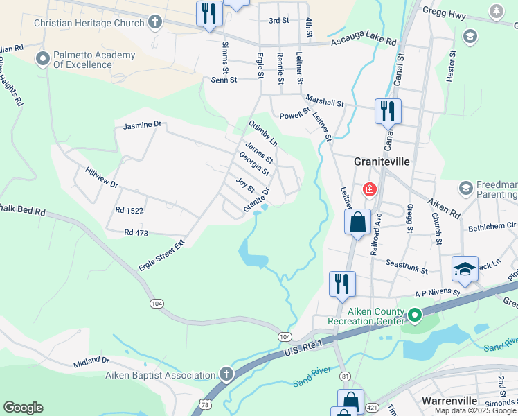 map of restaurants, bars, coffee shops, grocery stores, and more near 119 Granite Drive in Graniteville