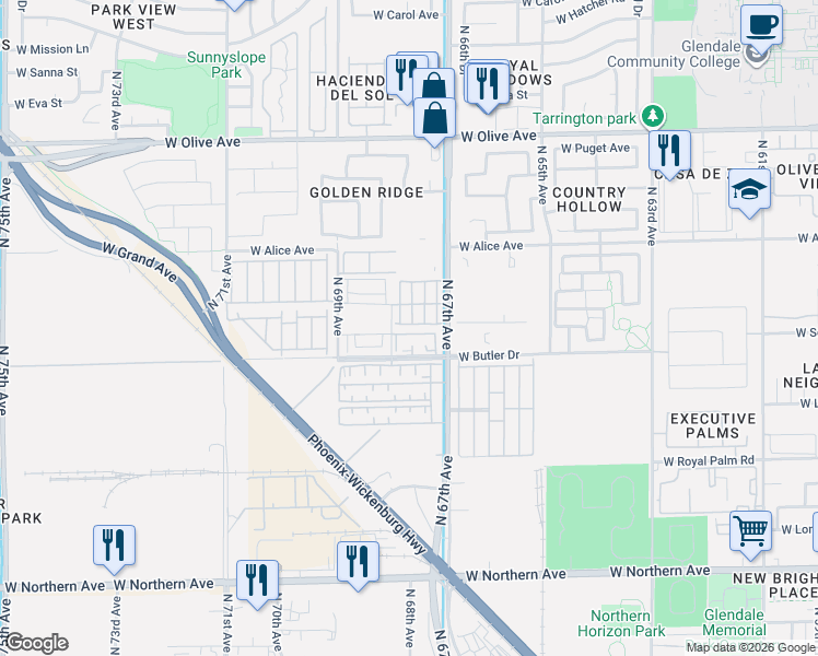 map of restaurants, bars, coffee shops, grocery stores, and more near 6753 West Orchid Lane in Peoria