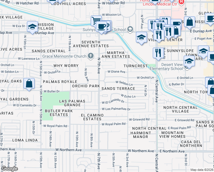 map of restaurants, bars, coffee shops, grocery stores, and more near 526 West Butler Drive in Phoenix