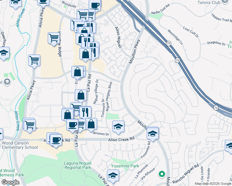 map of restaurants, bars, coffee shops, grocery stores, and more near 24402 Nugget Falls Lane in Laguna Niguel