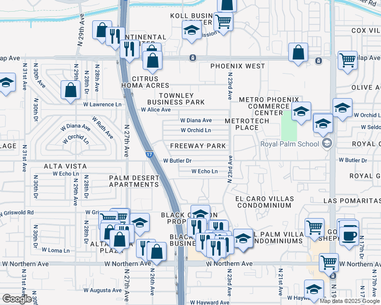 map of restaurants, bars, coffee shops, grocery stores, and more near 2431 West Seldon Lane in Phoenix