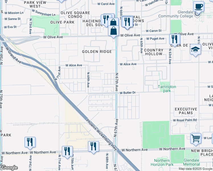 map of restaurants, bars, coffee shops, grocery stores, and more near 6753 West Orchid Lane in Peoria