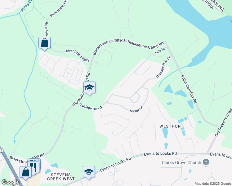 map of restaurants, bars, coffee shops, grocery stores, and more near 5821 Carriage Hills Drive in Augusta