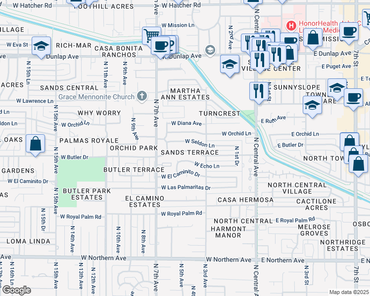 map of restaurants, bars, coffee shops, grocery stores, and more near 342 West Butler Drive in Phoenix