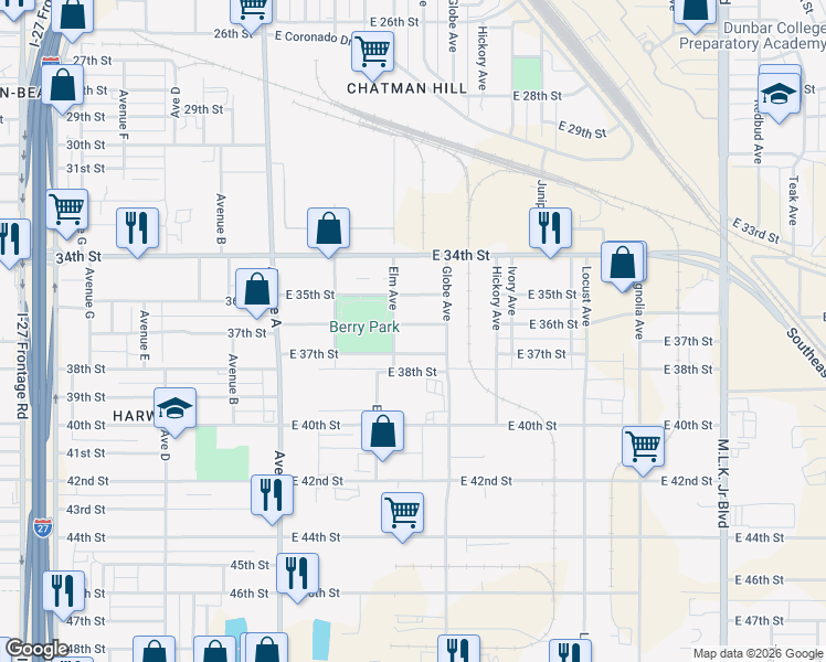 map of restaurants, bars, coffee shops, grocery stores, and more near 508 East 36th Street in Lubbock
