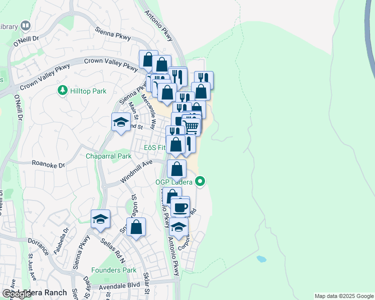 map of restaurants, bars, coffee shops, grocery stores, and more near 27426 Antonio Parkway in Ladera Ranch