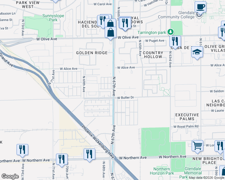 map of restaurants, bars, coffee shops, grocery stores, and more near 6701 West Orchid Lane in Peoria