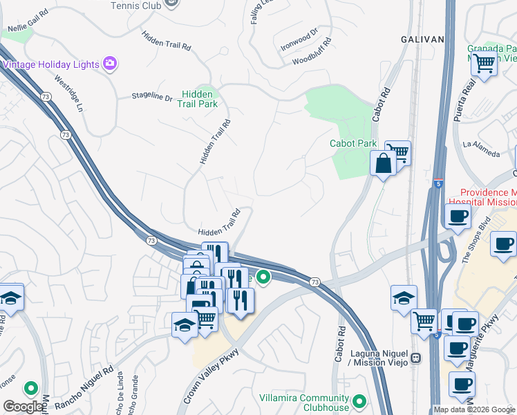 map of restaurants, bars, coffee shops, grocery stores, and more near 27798 Hidden Trail Road in Laguna Hills