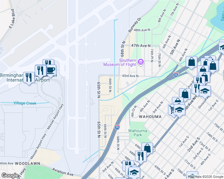 map of restaurants, bars, coffee shops, grocery stores, and more near 4113 66th Street North in Birmingham