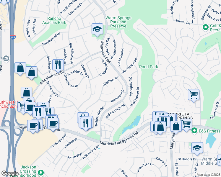 map of restaurants, bars, coffee shops, grocery stores, and more near 25725 London Court in Murrieta