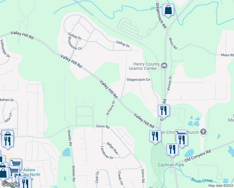 map of restaurants, bars, coffee shops, grocery stores, and more near 230 Valley Hill Road in Stockbridge