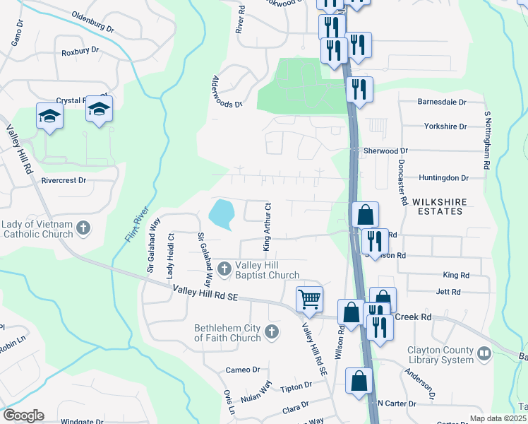 map of restaurants, bars, coffee shops, grocery stores, and more near 443 King Arthur Court in Jonesboro