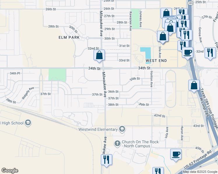 map of restaurants, bars, coffee shops, grocery stores, and more near 3459-3599 Milwaukee Avenue in Lubbock
