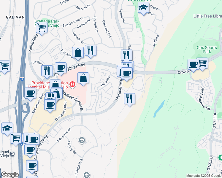map of restaurants, bars, coffee shops, grocery stores, and more near 27692 Argyll in Mission Viejo