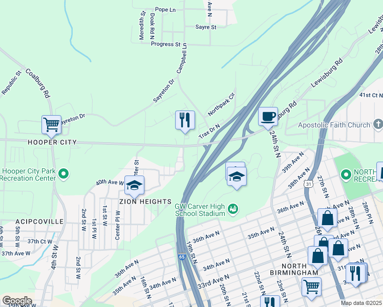 map of restaurants, bars, coffee shops, grocery stores, and more near 1908 40th Terrace North in Birmingham