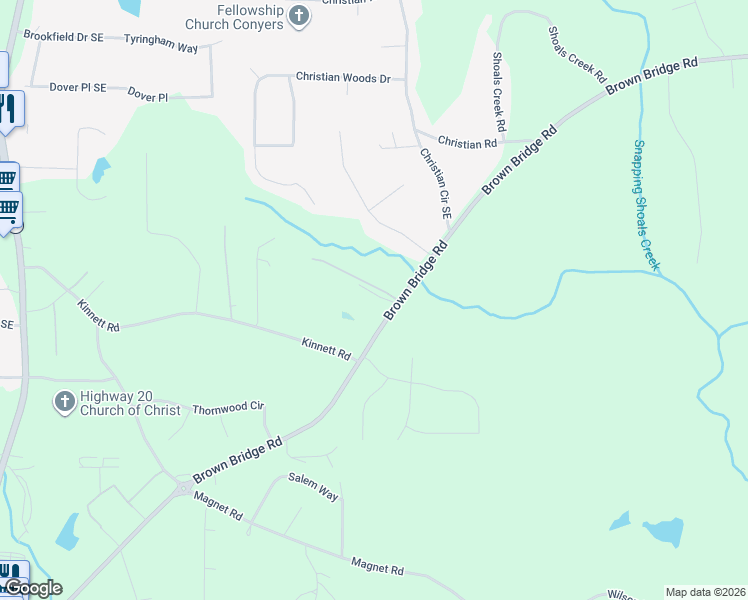 map of restaurants, bars, coffee shops, grocery stores, and more near 14290 Brown Bridge Road in Covington