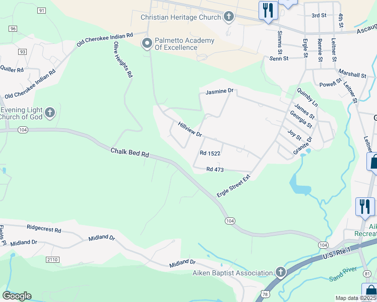 map of restaurants, bars, coffee shops, grocery stores, and more near 36 Louise Street in Graniteville
