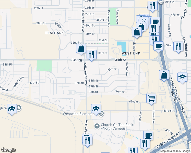 map of restaurants, bars, coffee shops, grocery stores, and more near 6409 35th St in Lubbock