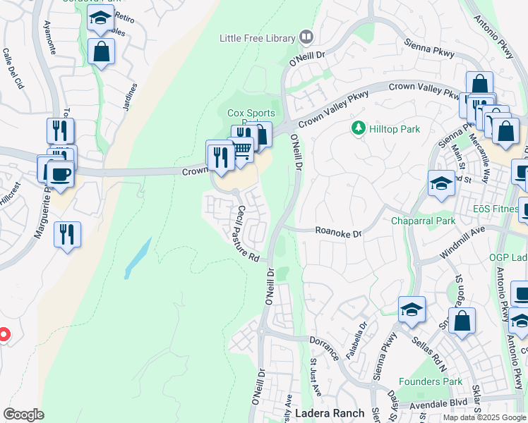 map of restaurants, bars, coffee shops, grocery stores, and more near 38 Livingston Place in Ladera Ranch