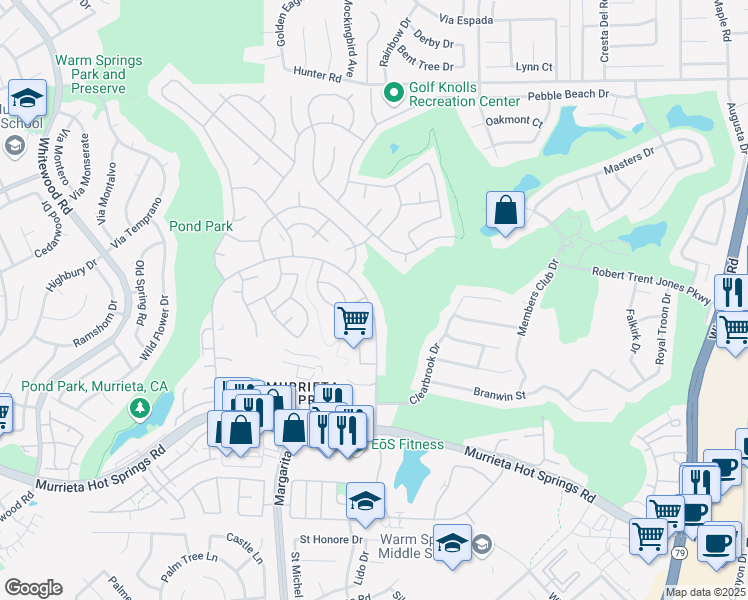 map of restaurants, bars, coffee shops, grocery stores, and more near 29050 Via Princesa in Murrieta