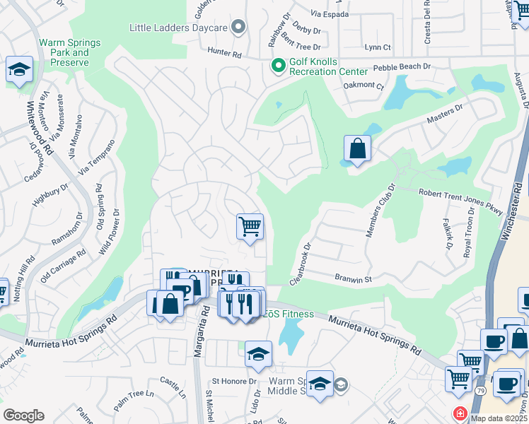 map of restaurants, bars, coffee shops, grocery stores, and more near 29050 Via Princesa in Murrieta