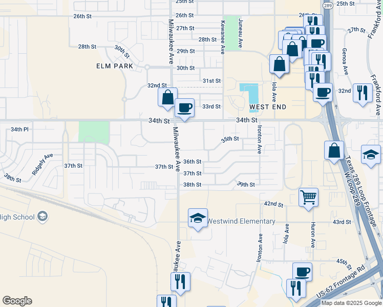 map of restaurants, bars, coffee shops, grocery stores, and more near 6413 35th Street in Lubbock