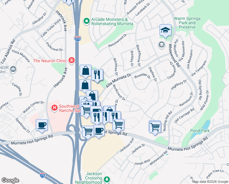 map of restaurants, bars, coffee shops, grocery stores, and more near 39632 Cholla Court in Murrieta
