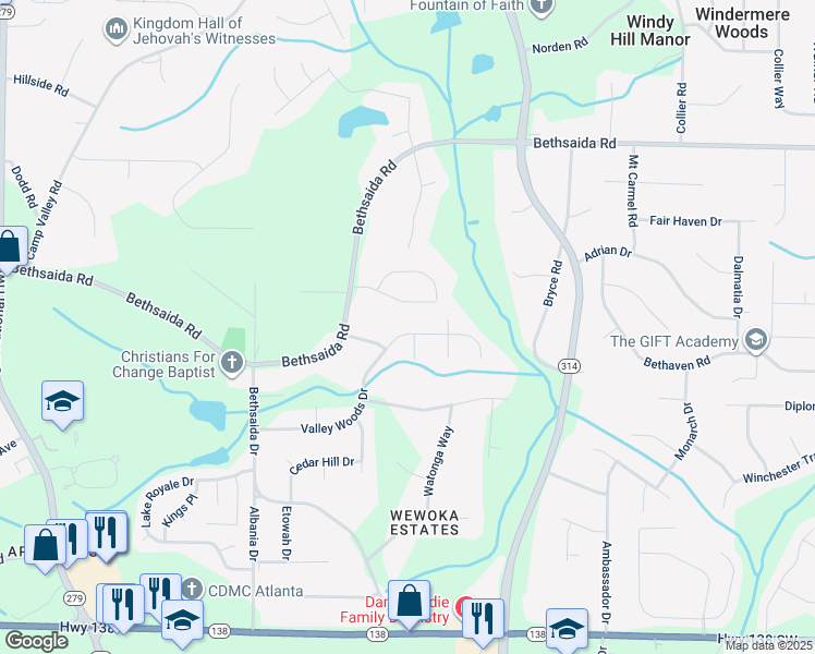 map of restaurants, bars, coffee shops, grocery stores, and more near 1913 Valley Woods Drive in Riverdale