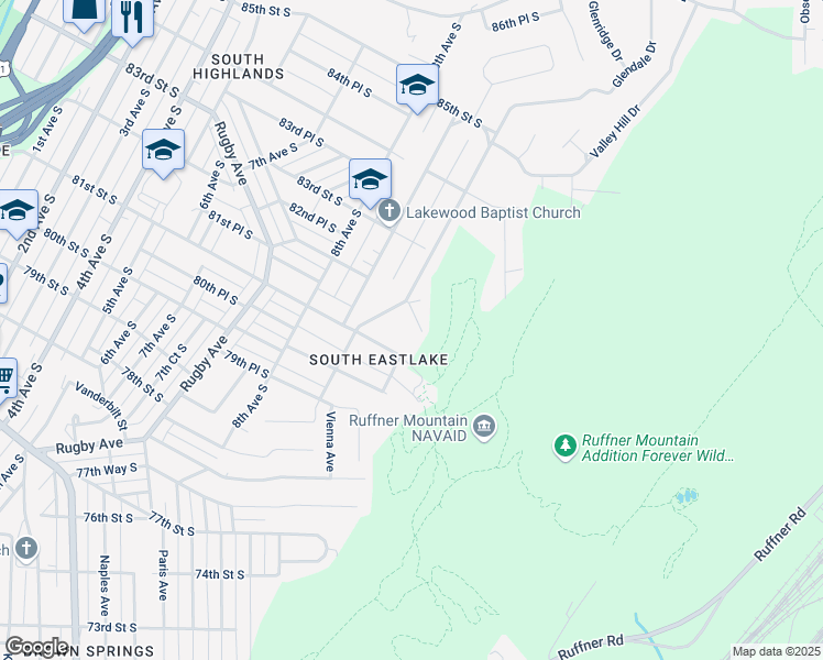 map of restaurants, bars, coffee shops, grocery stores, and more near 1020 82nd Street South in Birmingham