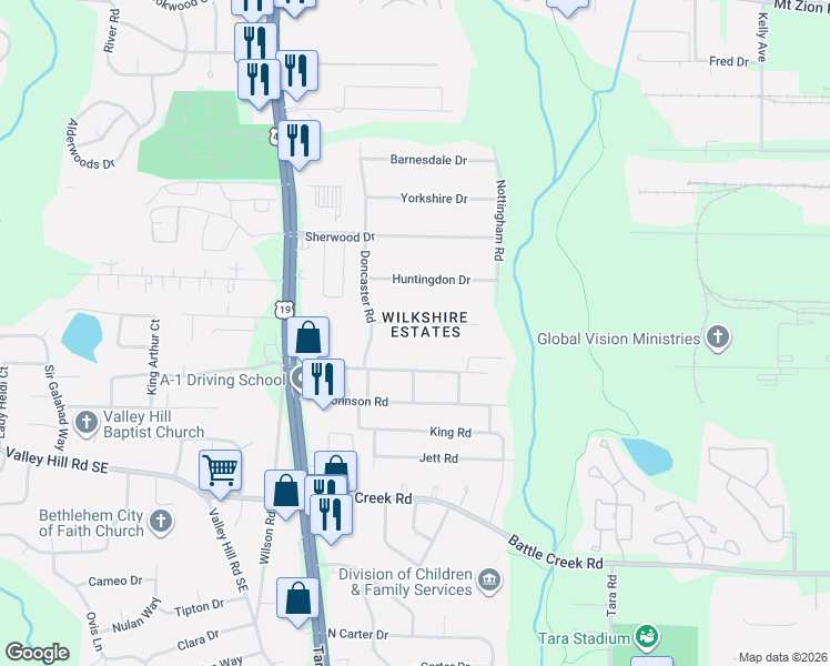 map of restaurants, bars, coffee shops, grocery stores, and more near 771 South Nottingham Road in Jonesboro