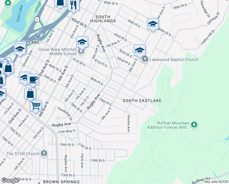 map of restaurants, bars, coffee shops, grocery stores, and more near 769 80th Street South in Birmingham