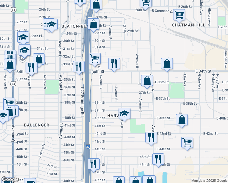 map of restaurants, bars, coffee shops, grocery stores, and more near 3612 Avenue East in Lubbock