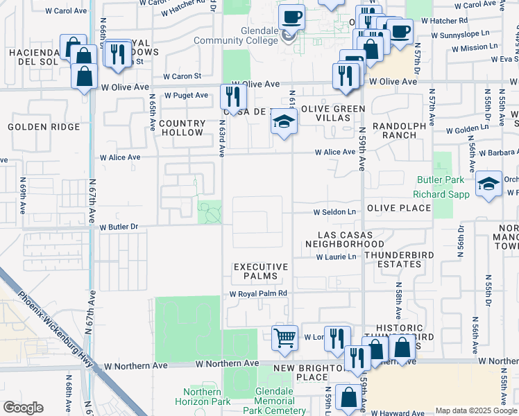map of restaurants, bars, coffee shops, grocery stores, and more near 6162 West Freeway Lane in Glendale